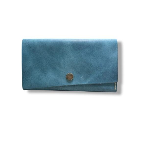 Portland Leather Goods Rancher Tri-Fold Wallet Light Cornflower Blue Snap Close - Picture 1 of 5
